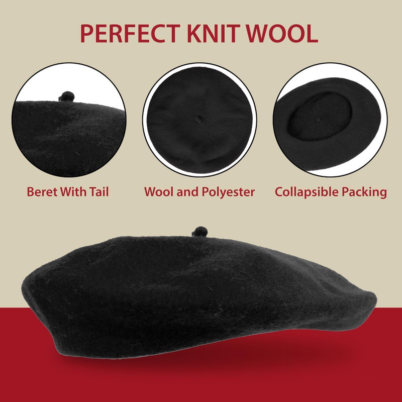 Kangaroo Vintage Classy French Hats - Stylish Wool for Adults for Cosplay and Costume Party - Beret for Men and Women Black - Image 5